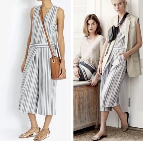 Intermix Gwen Soft Cotton Gray Striped Cropped Cutout Jumpsuit XS - Picture 1 of 9